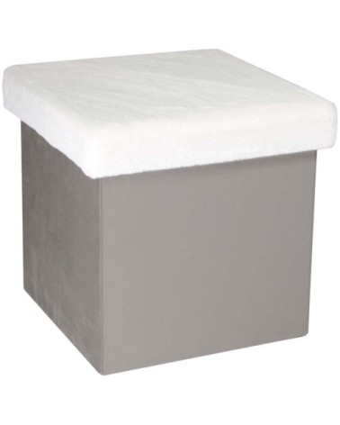 Pouf coffre pliable imitation fourrure léo gris clair et blanc