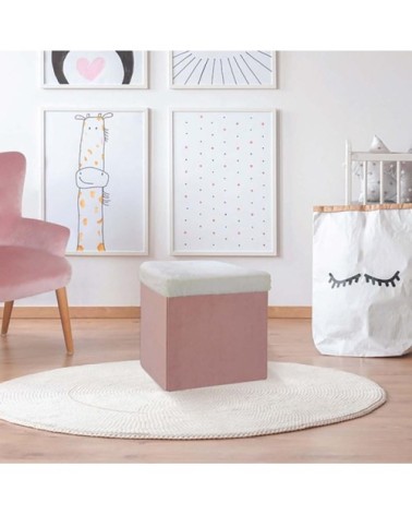 Pouf coffre pliable imitation fourrure léo rose des bois