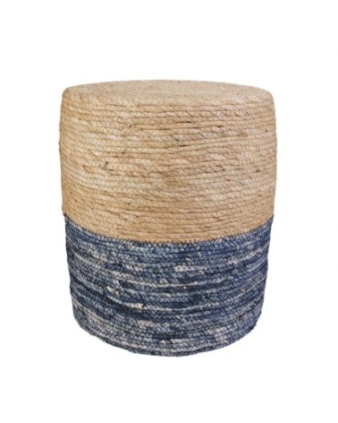 Pouf jonc de mer naturel et bleu