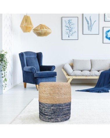 Pouf jonc de mer naturel et bleu