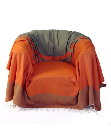 Jeté de fauteuil coton rayures orange vert amande 200 x 200