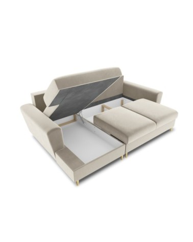 Canapé d'angle gauche convertible 4 places en tissu velours beige
