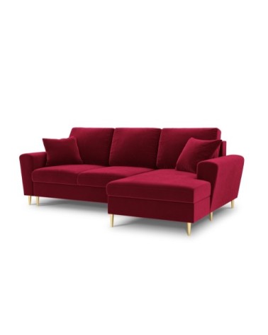 Canapé d'angle droit convertible 4 places en tissu velours rouge