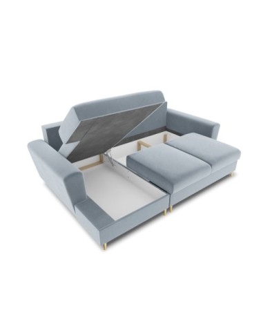 Canapé d'angle gauche convertible 4 places en tissu velours bleu clair