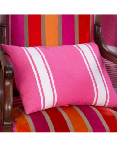 Housse de coussin coton fushia rayures blanches 35 x 50