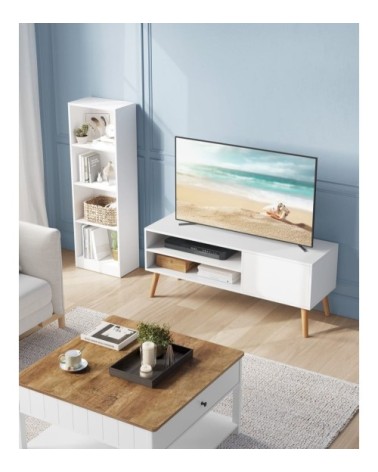 Meuble TV 120 cm avec placard et 2 étagères effet bois blanc