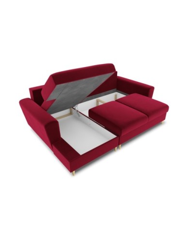 Canapé d'angle gauche convertible 4 places en tissu velours rouge
