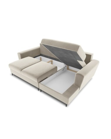 Canapé d'angle droit convertible 4 places en tissu velours beige