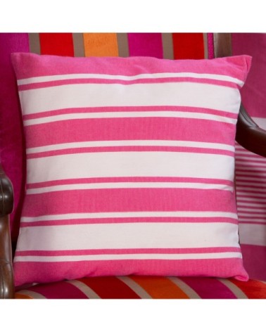 Housse de coussin coton fushia rayures blanches 40 x 40