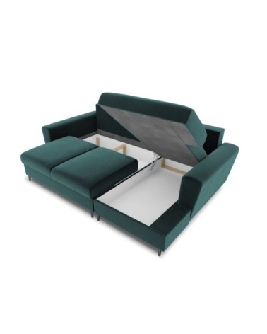 Canapé d'angle droit convertible 4 places en tissu velours pétrole