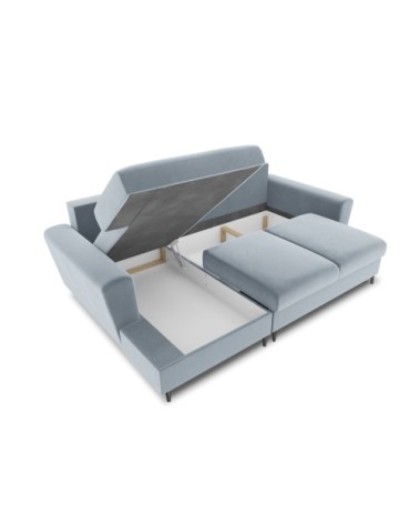 Canapé d'angle gauche convertible 4 places en tissu velours bleu clair