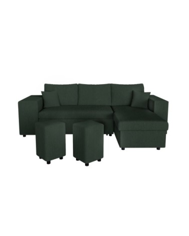 Canapé convertible 2 poufs droit et étagère en velours côtelé - vert