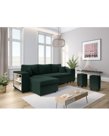 Canapé convertible 2 poufs droit et étagère en velours côtelé - vert