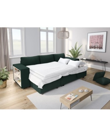 Canapé convertible 2 poufs droit et étagère en velours côtelé - vert