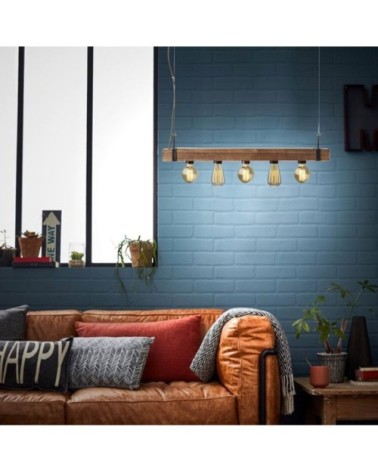 Suspension barre 5 lumières métal et bois L80cm