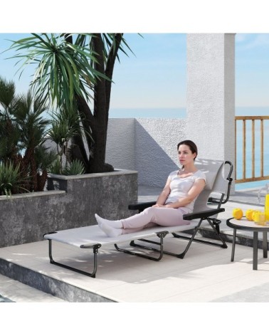 Chaise longue pliante dossier inclinable textilène crème