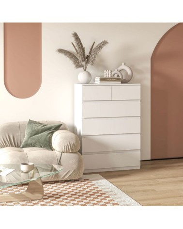 Commode 6 tiroirs style contemporain poignées invisibles blanc
