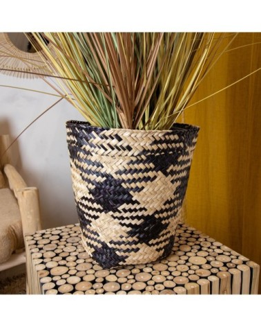 Corbeille à papier en jonc de mer vert et nature