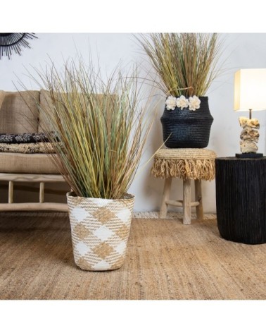 Corbeille à papier en jonc de mer à carreaux