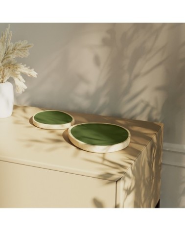 Set de 2 plateaux en bois et peinture céramique vert kaki