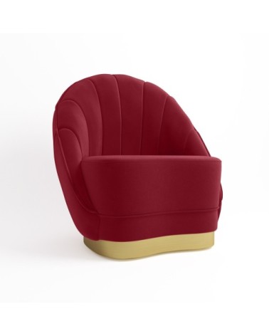 Fauteuil en velours bordeaux, base cerclage doré effet laiton