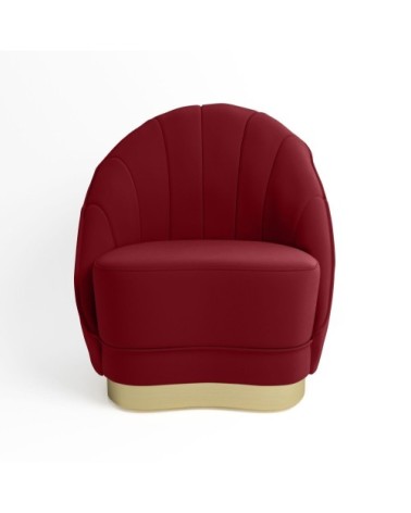 Fauteuil en velours bordeaux, base cerclage doré effet laiton