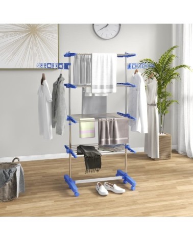 Étendoir pliable ailes latérales 6 roulettes acier bleu