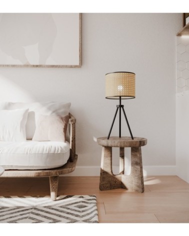 Lampe à poser en rotin et métal noir