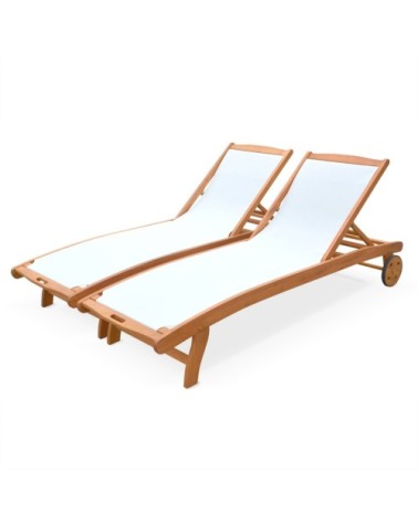 Ensemble de 2 transats en bois d'eucalyptus huilé et textilène blanc