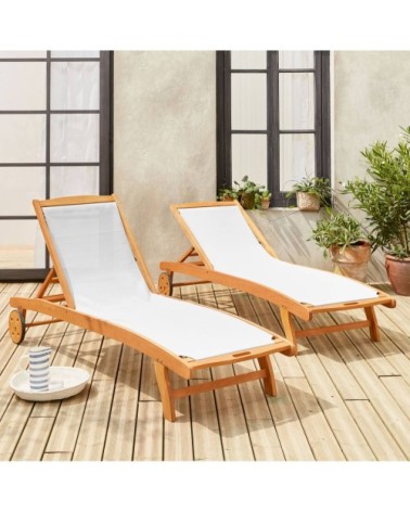 Ensemble de 2 transats en bois d'eucalyptus huilé et textilène blanc