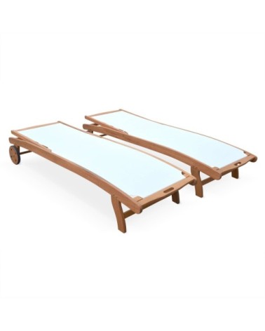 Ensemble de 2 transats en bois d'eucalyptus huilé et textilène blanc
