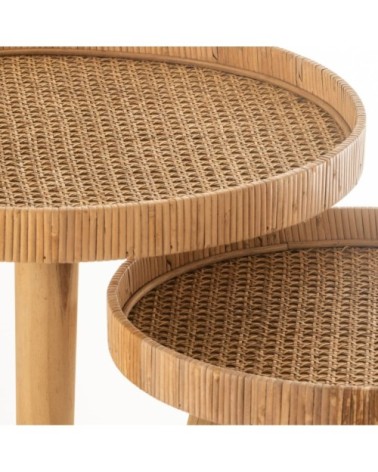 Set de 2 tables d'appoint ronde en rotin naturel