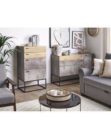 Commode effet béton / effet bois clair 4 tiroirs