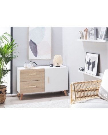 Commode effet bois clair blanc 1 porte 2 tiroirs