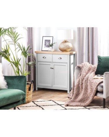 Commode 2 portes gris et effet bois clair