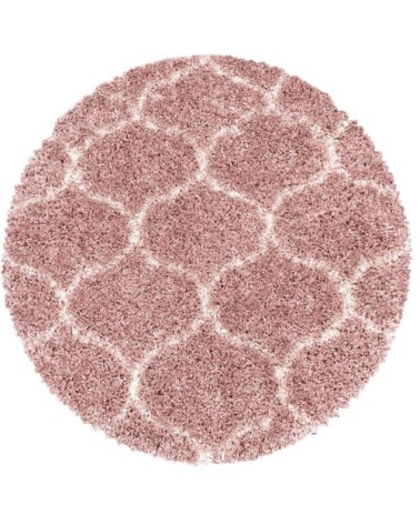 Tapis rond à poils longs et motifs alhambra rose 120x120cm