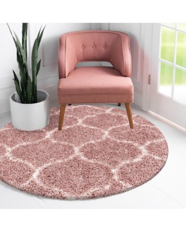 Tapis rond à poils longs et motifs alhambra rose 80x80cm