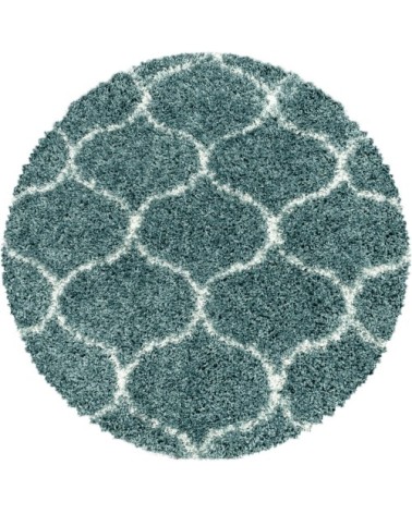 Tapis rond à poils longs et motifs alhambra turquoise 200x200cm
