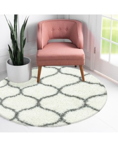 Tapis rond à poils longs et motifs alhambra blanc 160x160cm