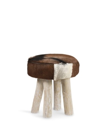 Tabouret en bois de teck et cuir naturel