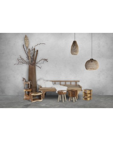 Tabouret en bois de teck et cuir naturel