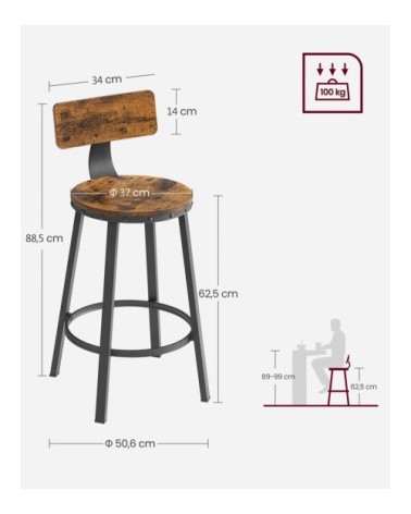 Tabourets de bar avec dossier effet bois métal marron