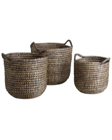 Cache-pots ronds en jonc naturel et teinté (lot de 3)