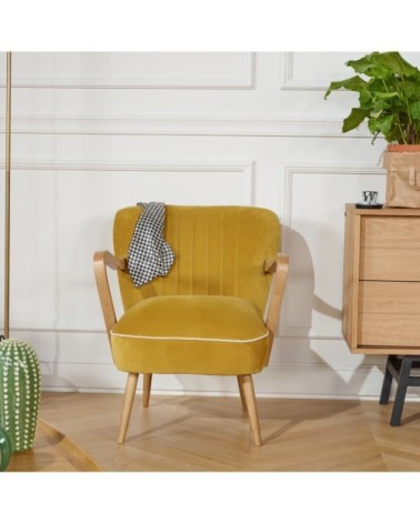 Fauteuil vintage à accoudoirs en chêne et velours jaune moutarde