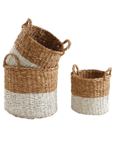 Cache-pots ronds en jonc de mer naturel et teinté blanc (lot de 3)