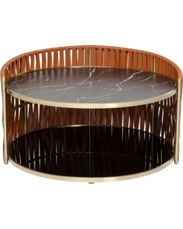Table basse ronde en verre effet marbre noir et acier doré