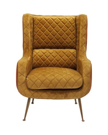 Fauteuil en velours ocre, cuivre et acier doré