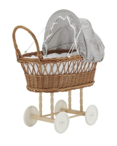 Berceau de poupée en osier buff tissu gris