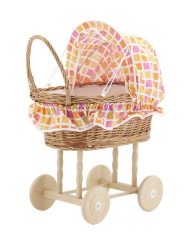 Berceau de poupée en osier buff tissu à carreaux