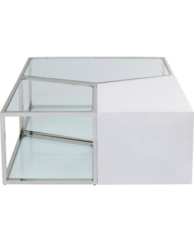 Table basse blanche, acier inoxydable et verre